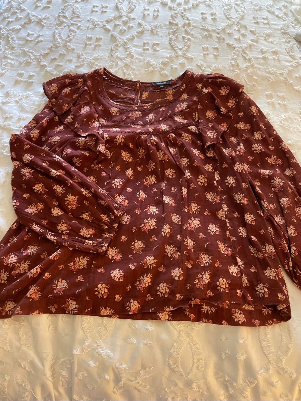 Madewell Burgundy Floral Ruffle-Yoke Long Sleeve Tunic